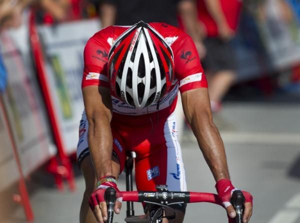 An exhausted Joaquim Rodriguez (Katusha) at the finish line in Fuente D&eacute; after conceding more than two and a half minutes plus the leader's jersey to Alberto Contador.