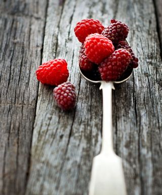 Loganberries, Raspberries and Tayberries on a metal spoon on a wooden table