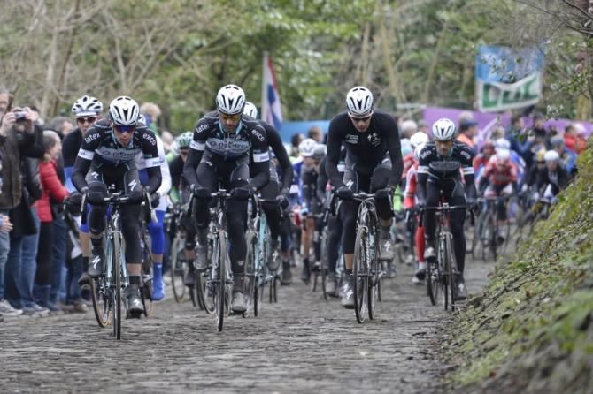 The pack rides during the 69th Omloop Het Nieuwsblad
