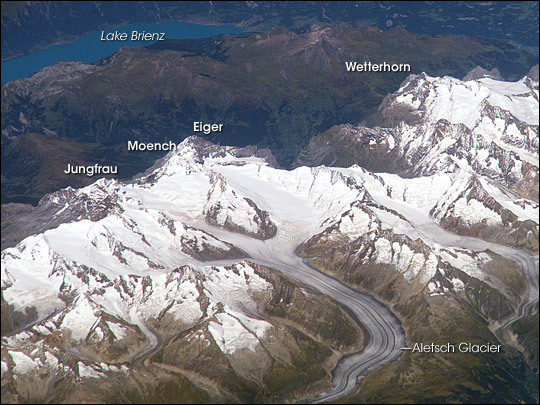 This astronaut photograph, taken on Sept. 5, 2006, shows an oblique view of the Bernese Alps in southern Switerland. 