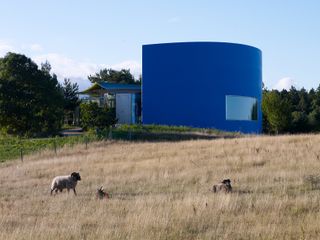 sheep grazing with background of blue round pavilion
