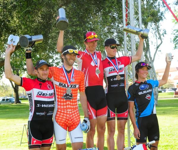Men's podium (L to R): Sid Taberlay (Sho-Air/Specialized), Geoff Kabush (Team Maxxis/Rocky Mountain), Todd Wells (Specialized), Max Plaxton (Sho-Air/Specialized) and Sam Schultz (Gary Fisher/Subaru).
