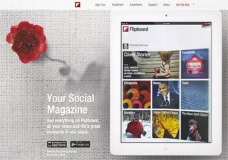 Flipboard's homepage features a huge animation of someone using the app