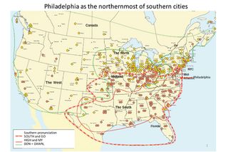 This map from the Atlas of North American English depicts Philadelphia as the northernmost of the Southern cities. The red and white barred line shows the southern pronunciation of "south" and "on" as well as "go."