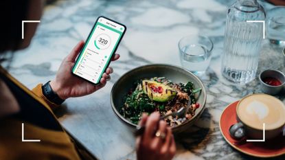 Woman using a calorie counting app over a bowl of food as the law changes to put calories on menus in restaurants