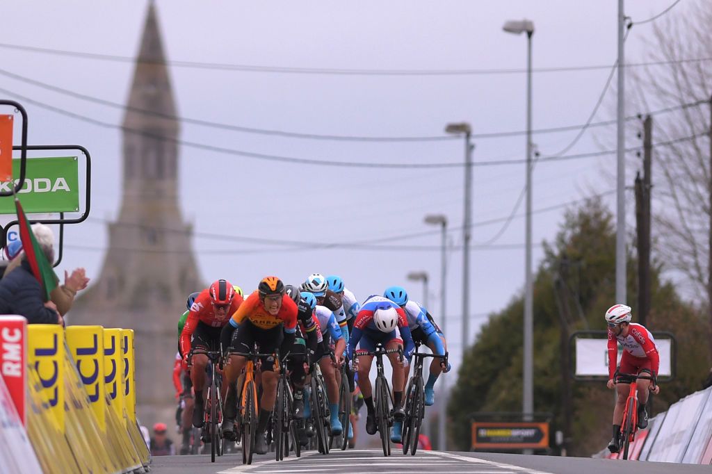 LA CHATRE FRANCE MARCH 10 Arrival Sprint Ivan Garcia Cortina of Spain and Team Bahrain Mclaren Peter Sagan of Slovakia and Team Bora Hansgrohe Cees Bol of The Netherlands and Team Sunweb Andrea Pasqualon of Italy and Team Circus Wanty Gobert Rudy Barbier of France and Team Israel StartUp Nation Nacer Bouhanni of France and Team Arkea Samsic Anthony Turgis of France and Team Total Direct Energie Mads Wrtz Schmidt of Denmark and Team Israel StartUp Nation during the 78th Paris Nice 2020 Stage 3 a 2125km stage from ChalettesurLoing to La Chtre ParisNice parisnicecourse PN on March 10 2020 in La Chatre France Photo by Luc ClaessenGetty Images