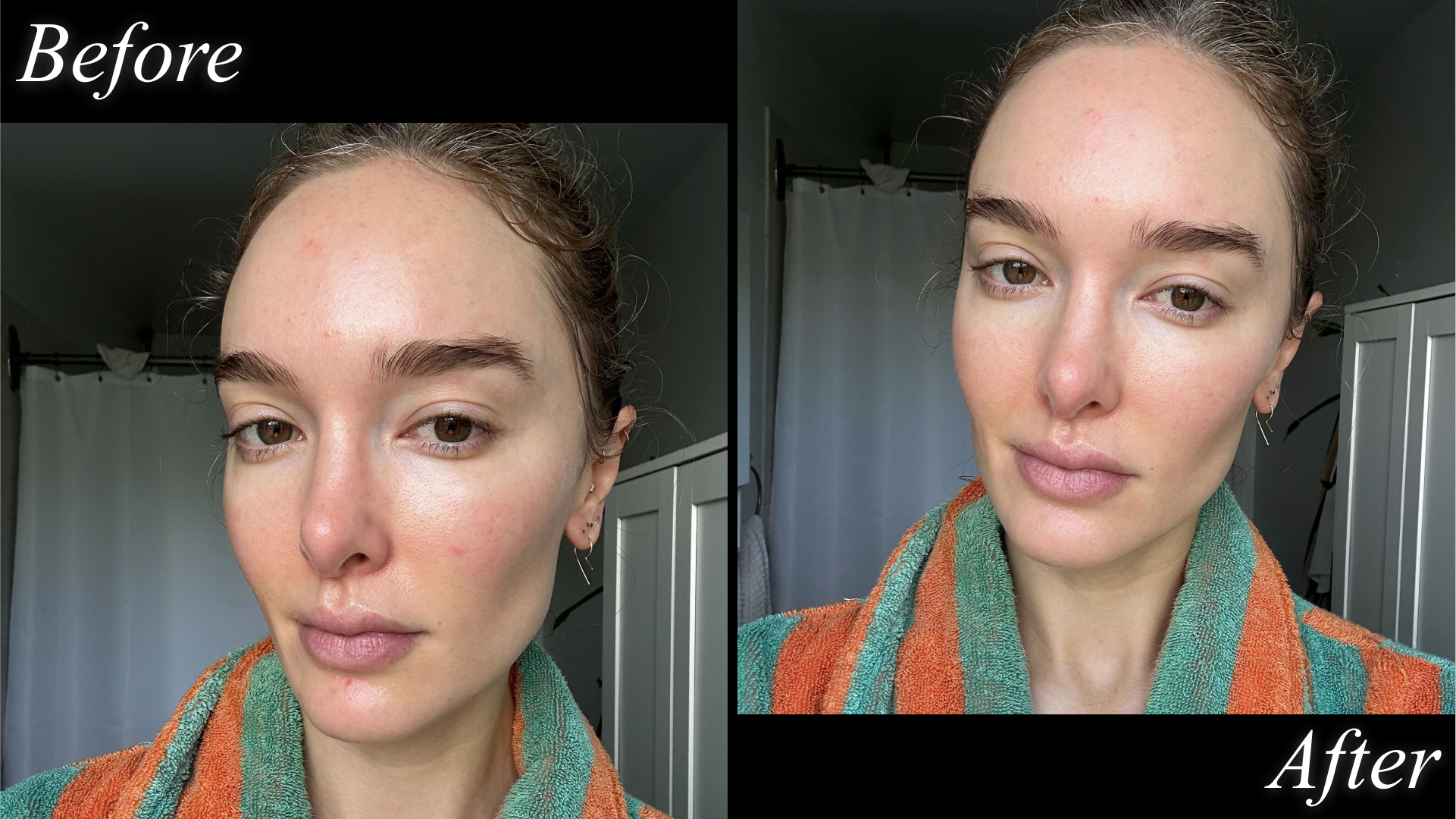 Split image of Hannah Baxter testing Merit Beauty The Minimalist complexion stick with before and after text on black background
