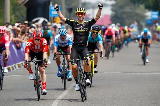 Mitchelton-Scott&rsquo;s Kaden Groves celebrates winning stage 3 of the 2020 Herald Sun Tour