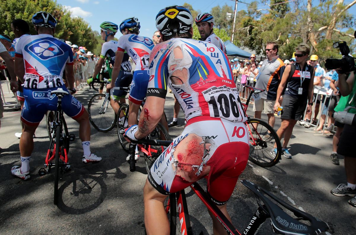 Alexey Tsatevich lost a load of skin in the stage 3 finish pile up