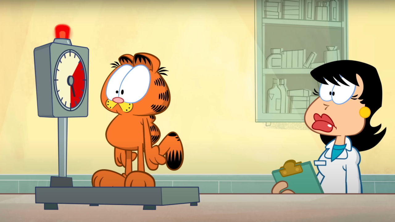 Garfield and Liz look at the scale with alarm in Garfield Originals.