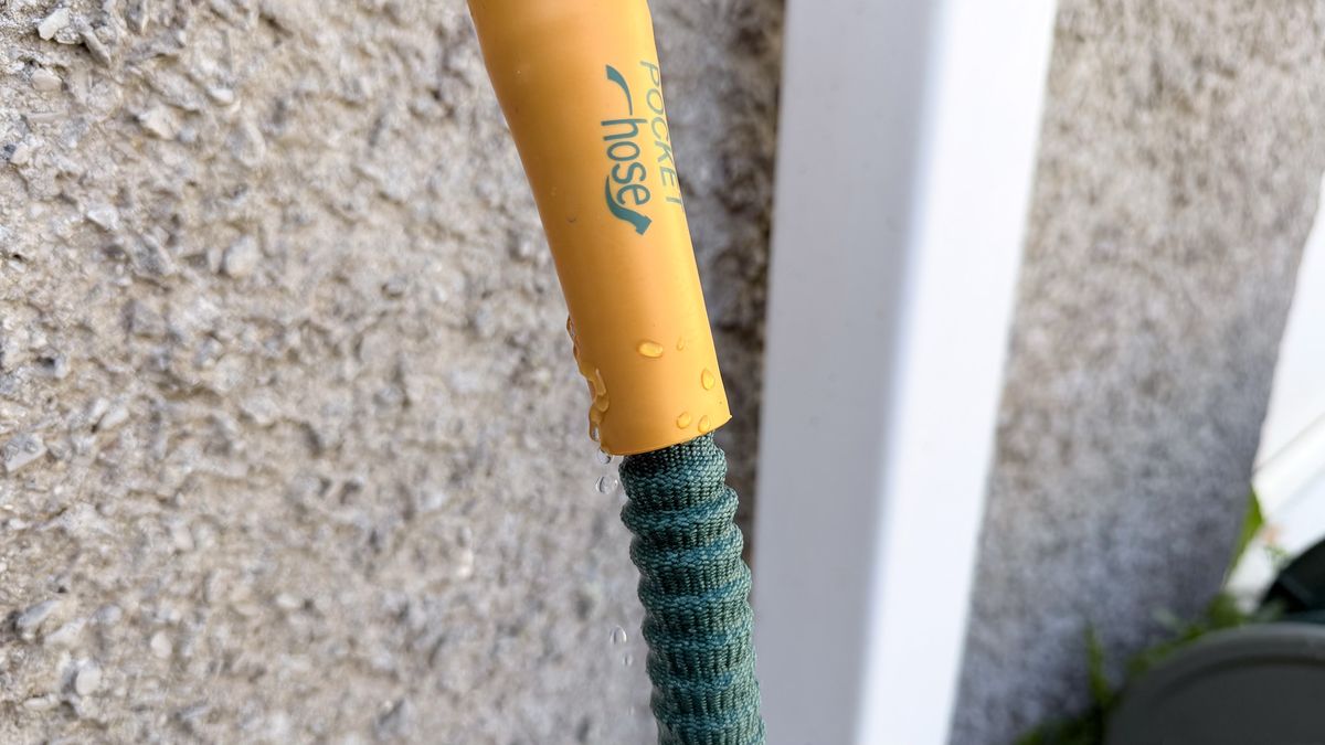 A Pocket Hose connector against a wall and plugged in. There is water leaking down the connector.