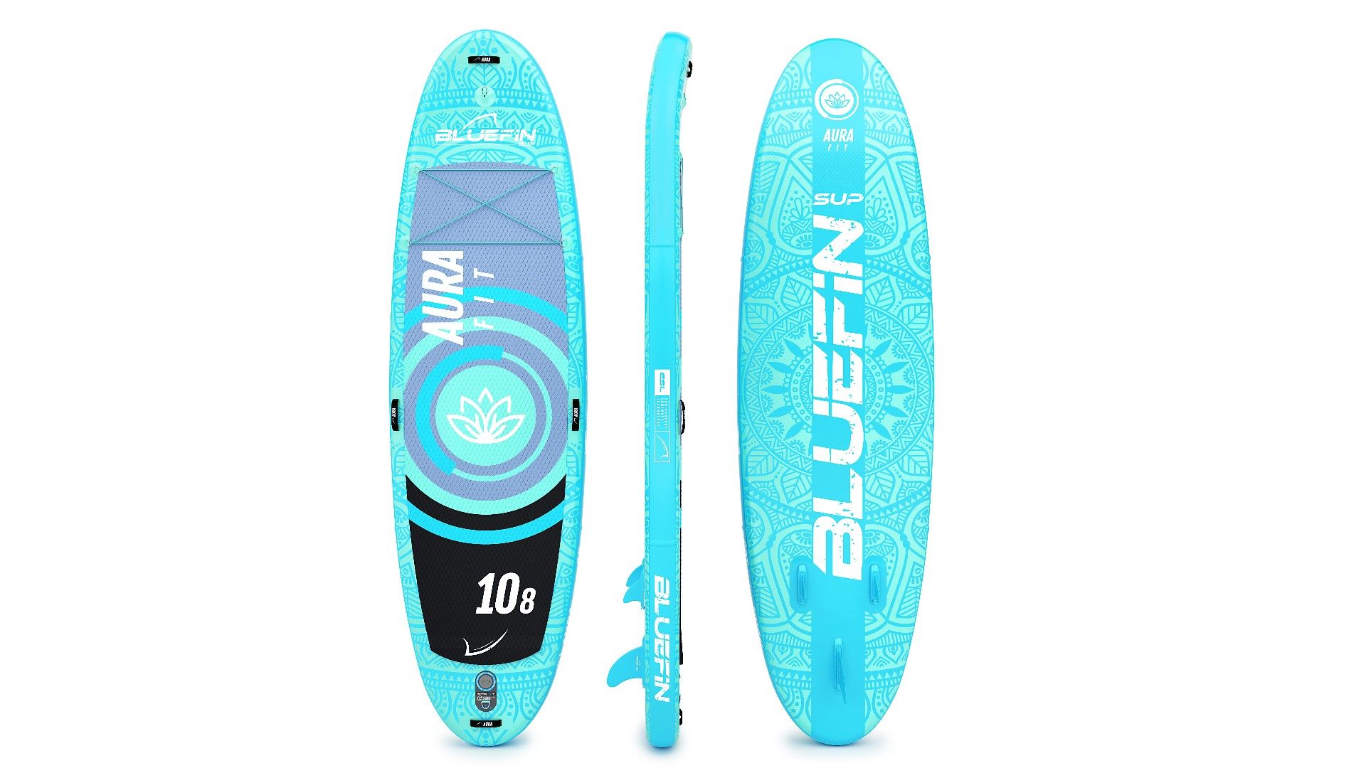 Bluefin Aura SUP in bright aqua blue with mandala style background design
