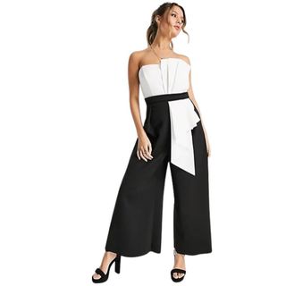 pleated bodice jumpsuit in black and white