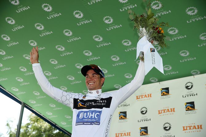 Travis McCabe holds the white jersey as leader of the points competition after stage 2 of the 2018 Tour of Utah