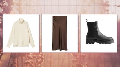 three of MIL's winter capsule wardrobe picks—a white knit, a chocolate satin midi skirt and chunky black boots—on a sepia background