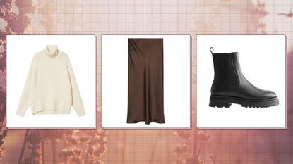 three of MIL&#039;s winter capsule wardrobe picks—a white knit, a chocolate satin midi skirt and chunky black boots—on a sepia background