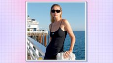 Gigi Hadid wears a black midi dress and sunglasses as she attends Miu Miu Summer Club Malibu at the Malibu Pier on July 26, 2023 in Malibu, California/ in a pink and purple template