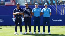 Collin Morikawa, Xander Schauffele, Rory McIlroy and Matt Fitzpatrick post on the 1st tee at the 2023 Ryder Cup before their four-ball match