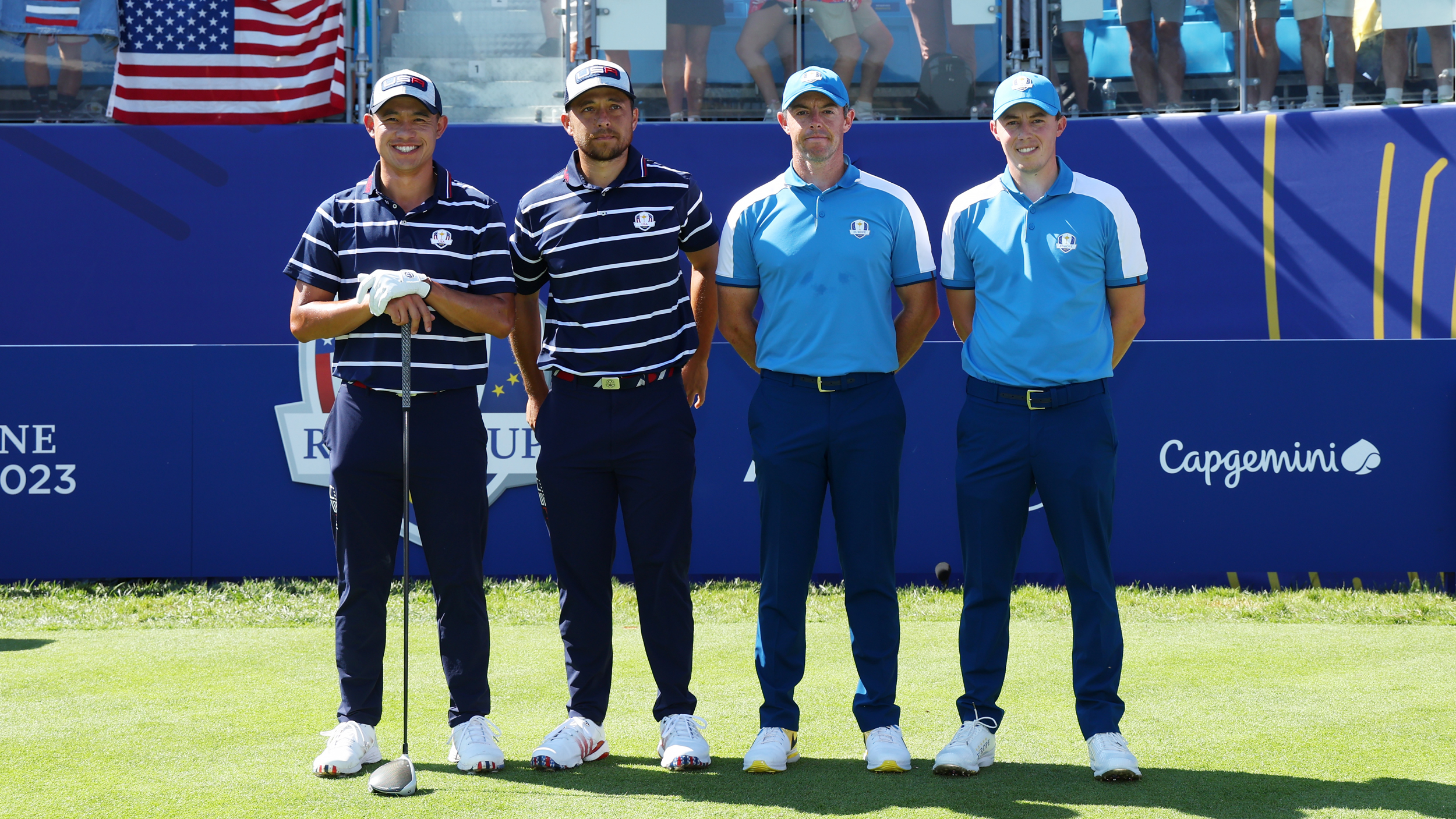 Collin Morikawa, Xander Schauffele, Rory McIlroy and Matt Fitzpatrick post on the 1st tee at the 2023 Ryder Cup before their four-ball match