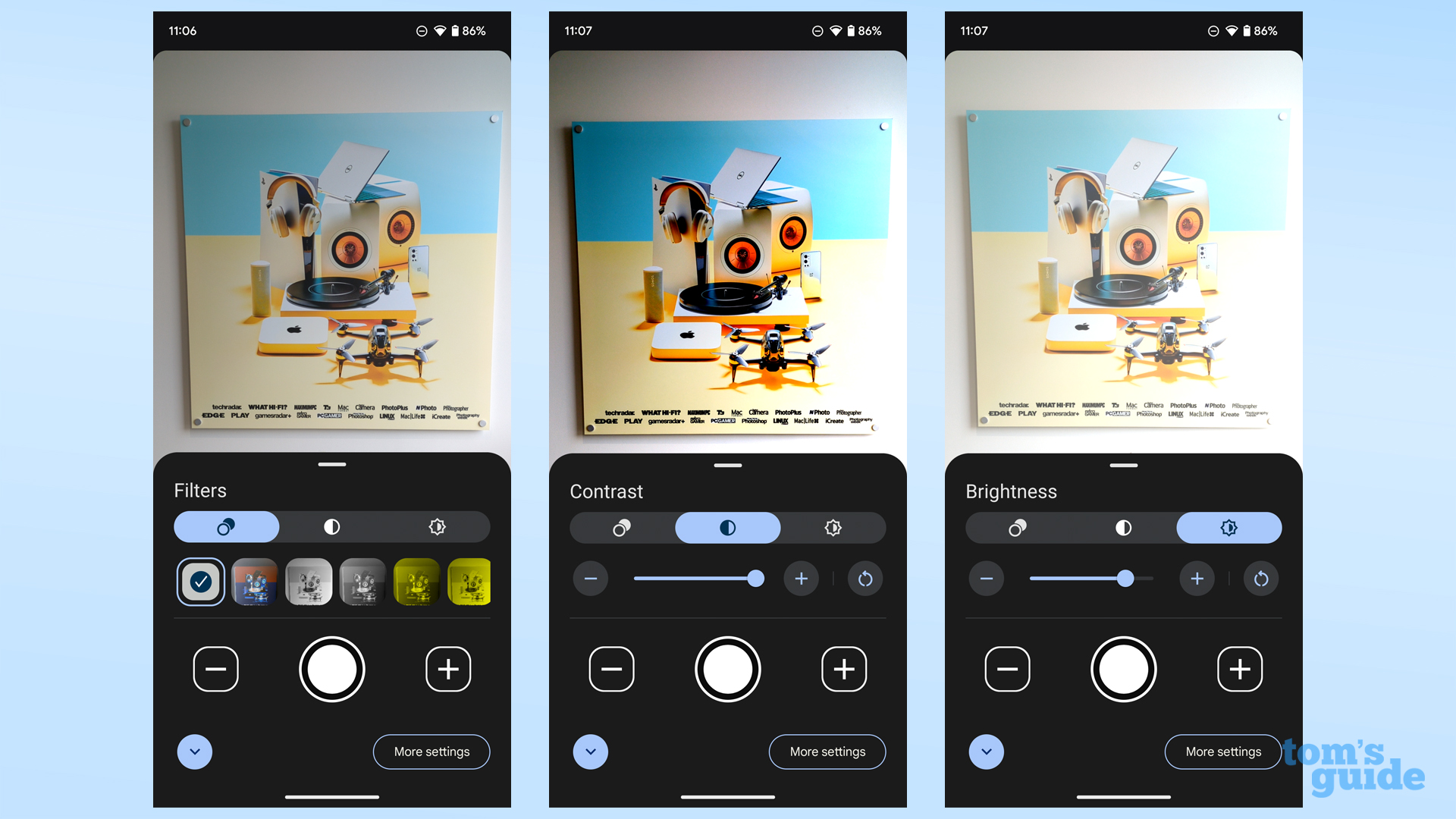 Screenshots, die die Filter-, Helligkeits- und Kontraststeuerungen der Google Magnifier-App zeigen