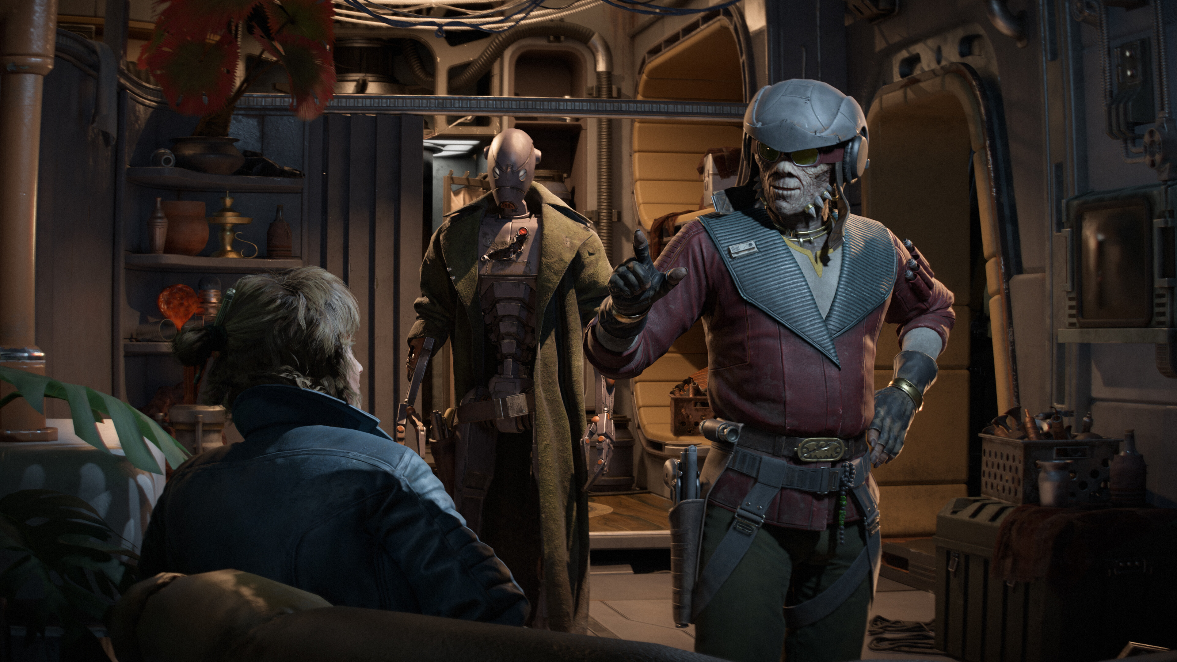 Kay Vess and ND-5 talking with Hondo Ohnaka in Star Wars Outlaws.