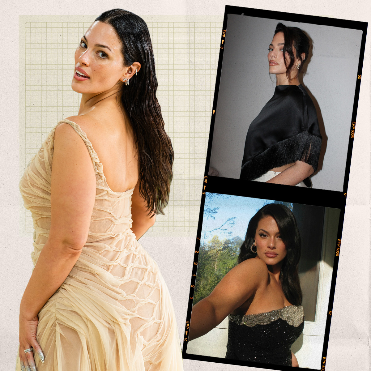 Photo collage of Ashley Graham in polaroids and film strips