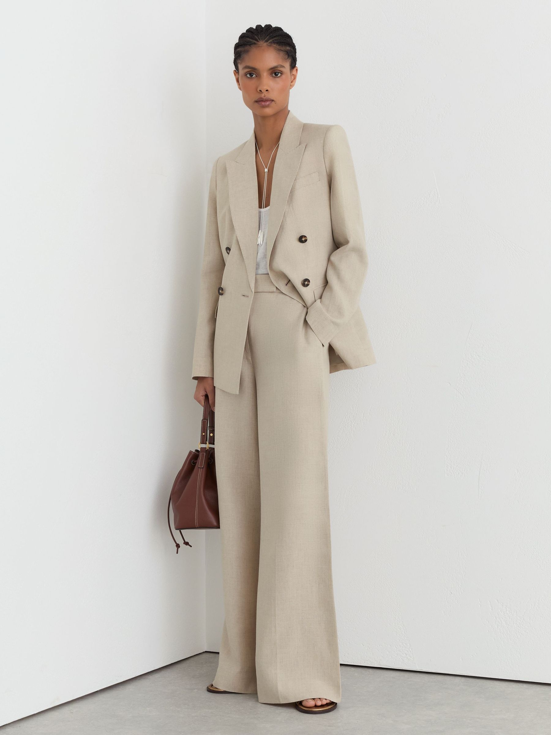 Linen Wide-Leg Suit Trousers in Neutral