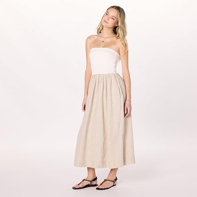 The Drop, The Drop Women&amp;rsquo;s Hellen Strapless Mixed Media Maxi Dress, White/natural Linen, M