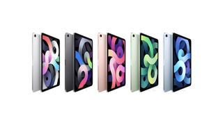 A row of 4th generation iPad Air tablets in muliple colors going from grey to black to rose gold to green to blue