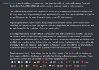 Ironmace Discord message denying Dark and Darker code and asset theft