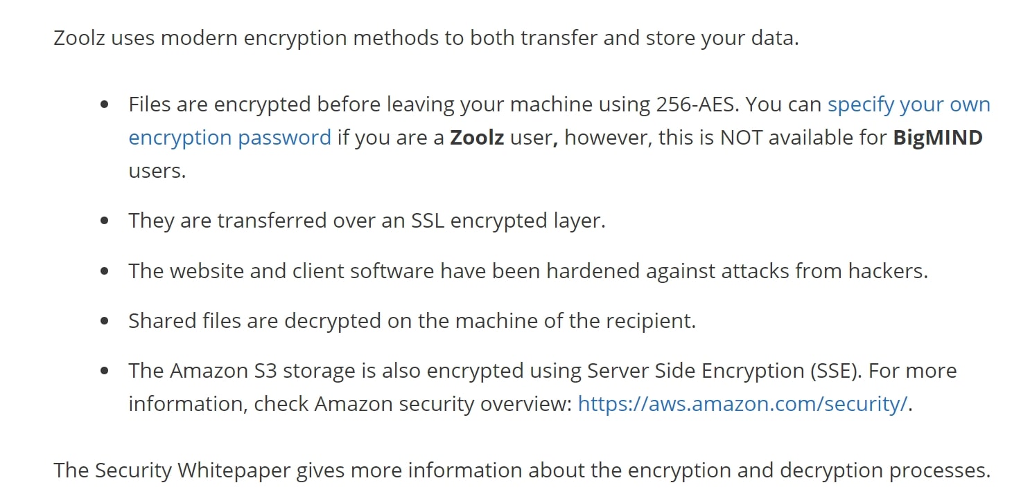 Zoolz' webpage discussing its encryption settings