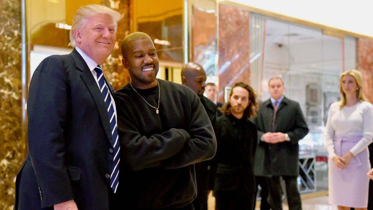 Donald Trump and rapper Kanye West speak to the press after a meeting at Trump Tower in New York