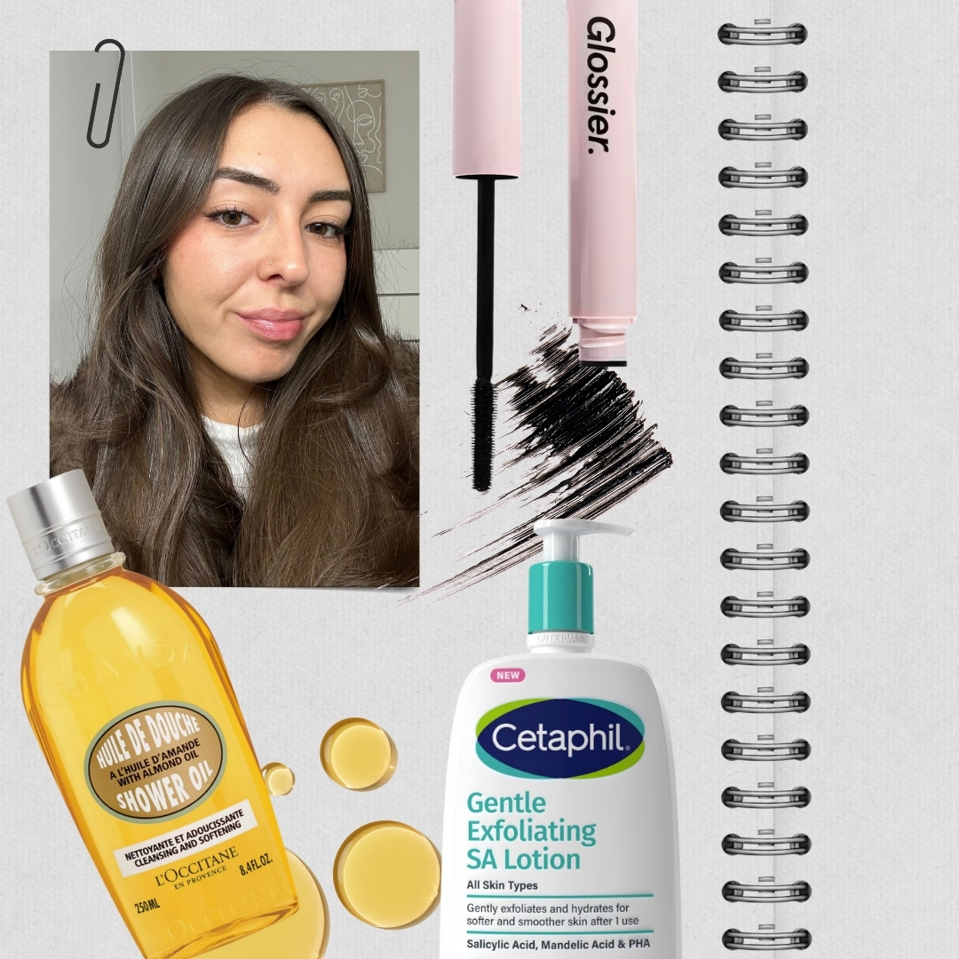 A picture of Digital Beauty Writer, Sennen Prickett, on a grey notebook page background surrounded by beauty products from Glossier, L'Occitane and Cetaphil, along with oil and mascara swatches
