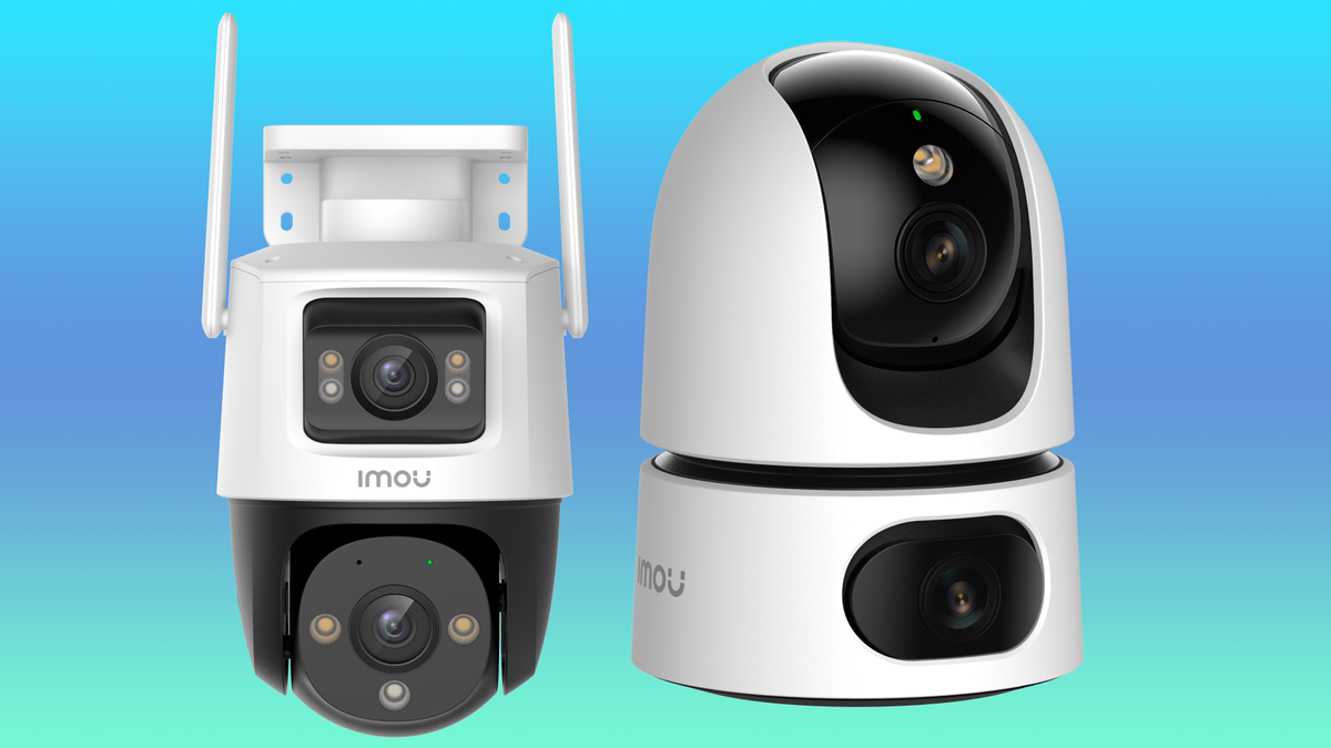 IMOU Ranger Dual and Cruiser Dual security cameras on blue graduated background