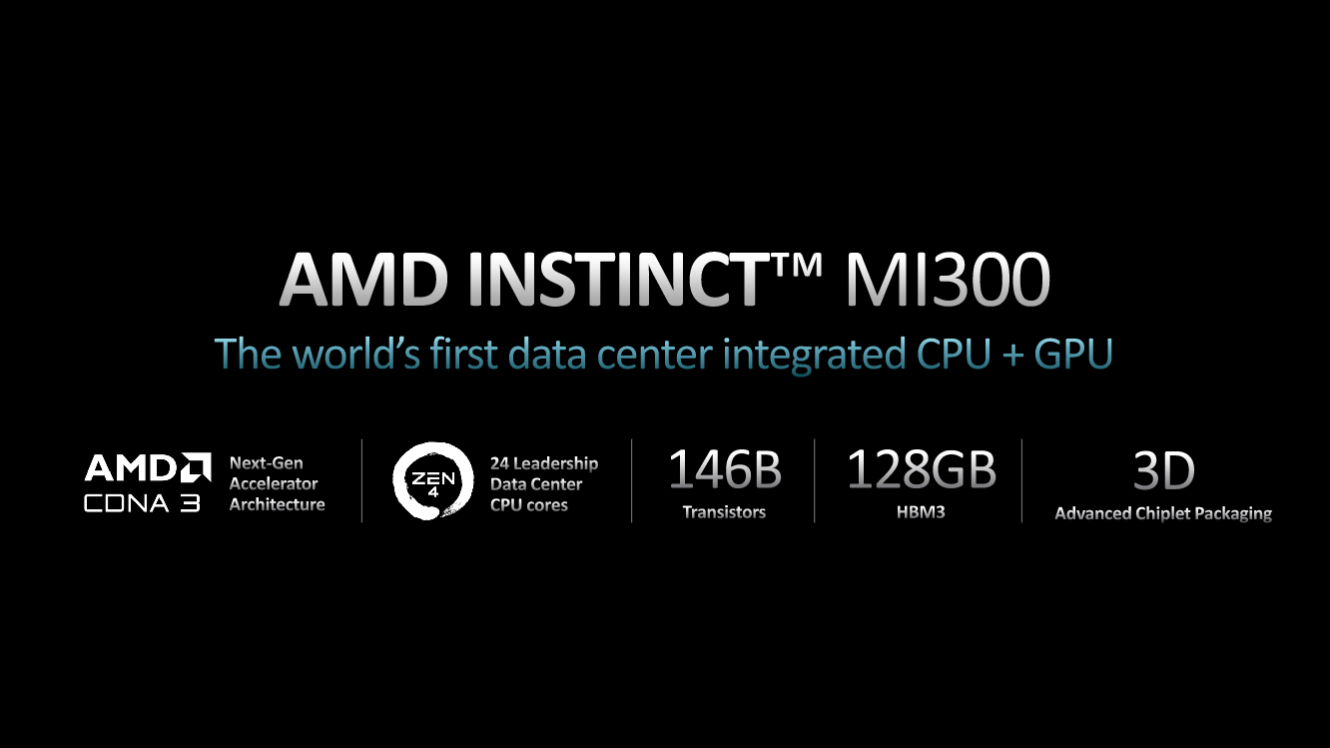 Diapositive AMD CES 2023 avec les spécifications Instinct MI300.