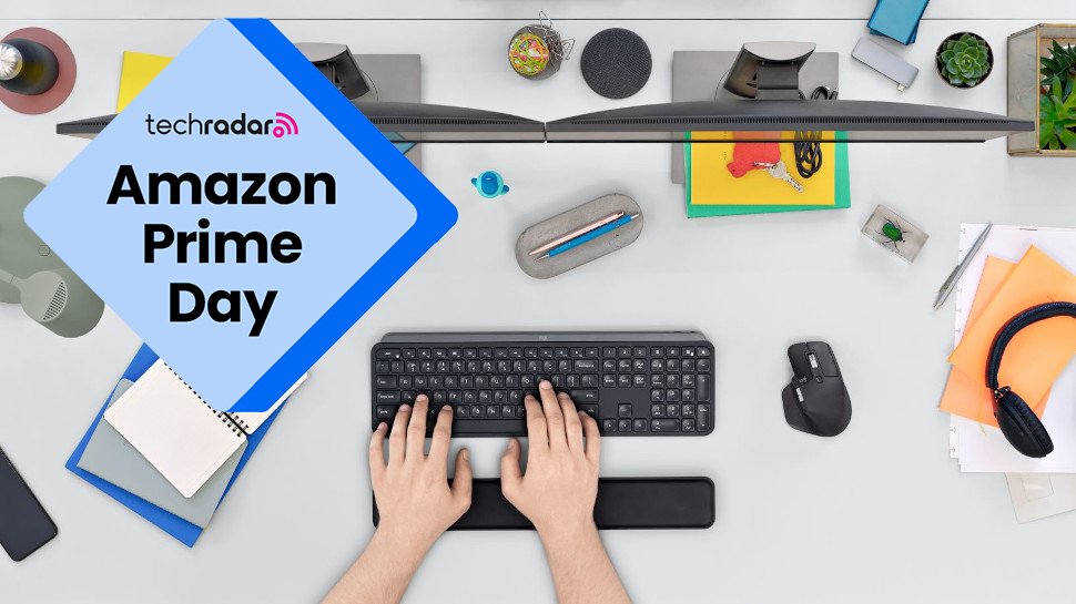 Logitech devices on a desk with a Prime Day badge