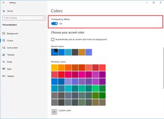 Windows 10 transparency effect option