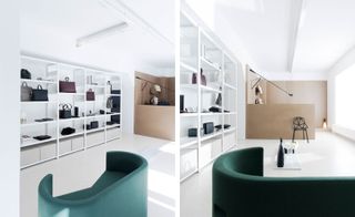 two separate images of the same room chairs and items on shelves