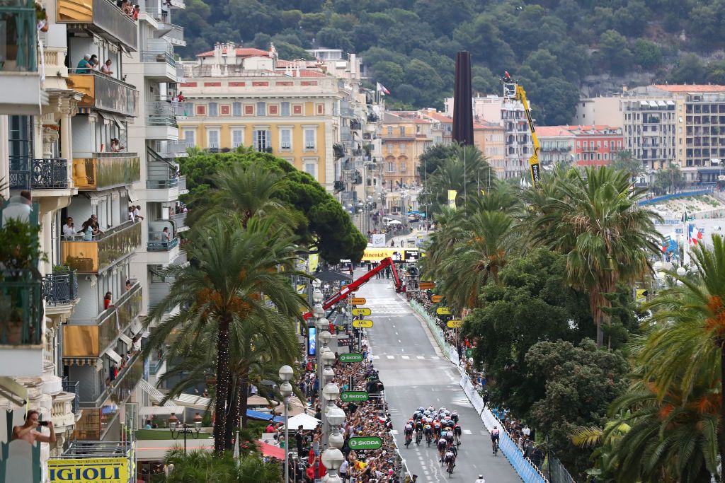 NICE FRANCE AUGUST 29 Arrival Sprint Alexander Kristoff of Norway and UAE Team Emirates Mads Pedersen of Denmark and Team Trek Segafredo Cees Bol of The Netherlands and Team Sunweb Sam Bennett of Ireland and Team Deceuninck QuickStep Peter Sagan of Slovakia and Team Bora Hansgrohe Elia Viviani of Italy and Team Cofidis Solutions Credits Giacomo Nizzolo of Italy and NTT Pro Cycling Team during the 107th Tour de France 2020 Stage 1 a 156km stage from Nice Moyen Pays to Nice TDF2020 LeTour on August 29 2020 in Nice France Photo by Michael SteeleGetty Images