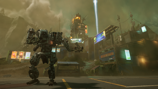 A Hawken Reborn mech poses in front of an industrial landscape.