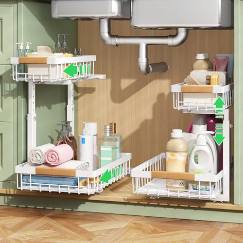 Under Sink Organizer, 2 Packs 2 Tier Under Sink Organizers and Storage, Slide Out Pull Out Cabinet Organizer Shelf, Metal Sliding Drawer for Kitchen Bathroom Pantry Closet Rack(white)