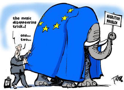 Political cartoon World European Union migration problem elephant magic trick