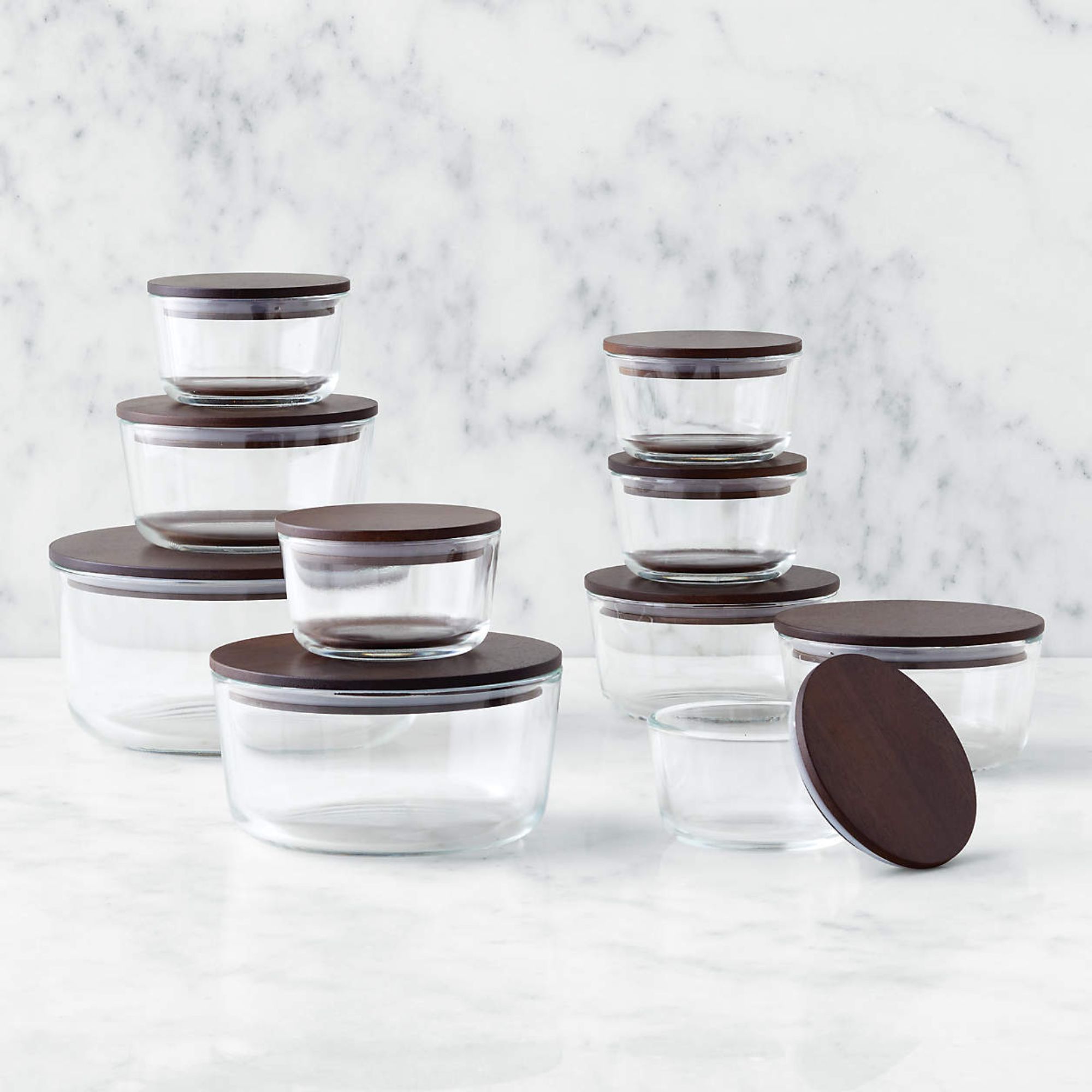 Round glass stacked containers with dark acacia wood lids