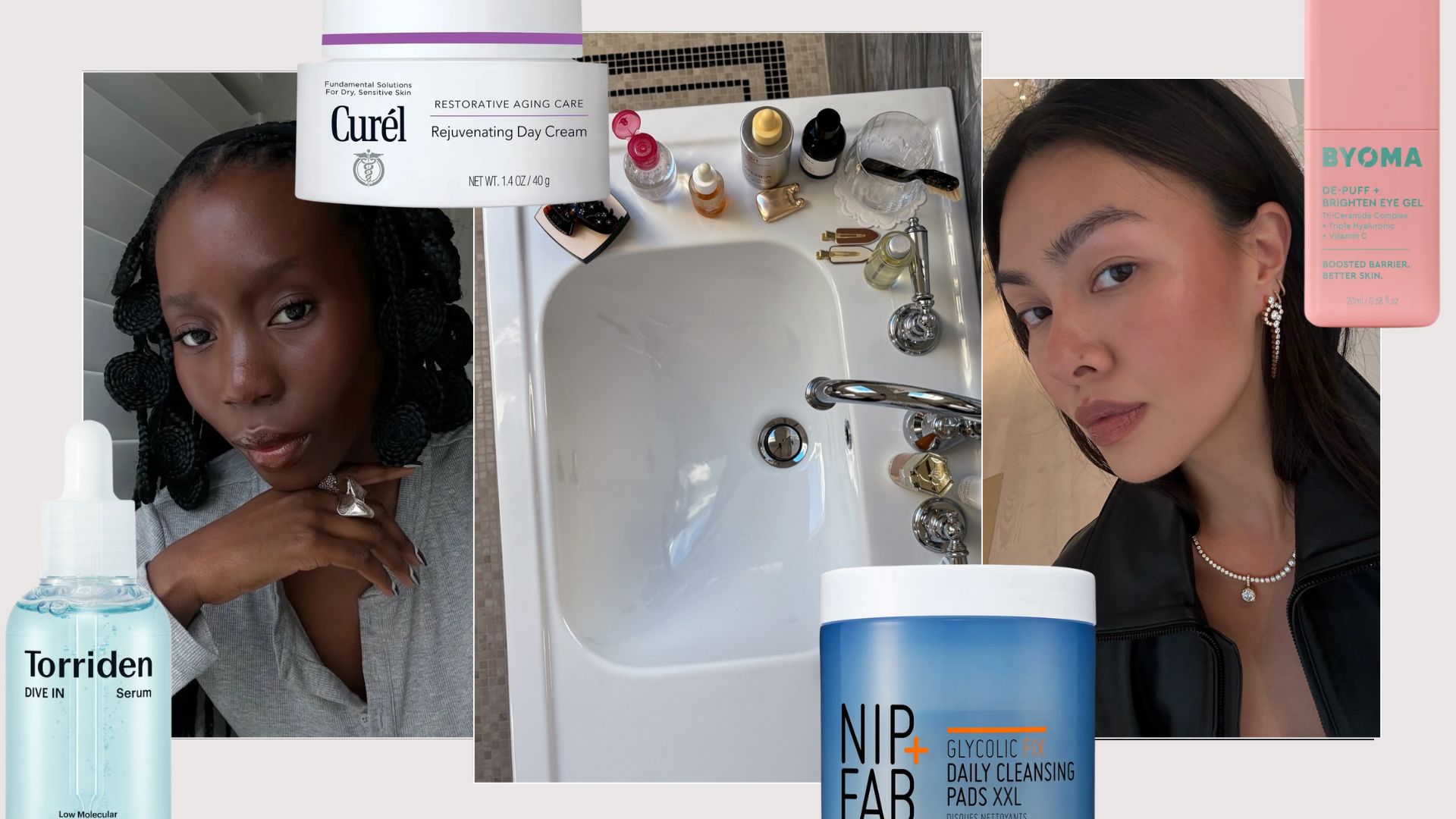 A collage of two women with glowing skin, a chic bathroom sink and a selection of affordable skincare products