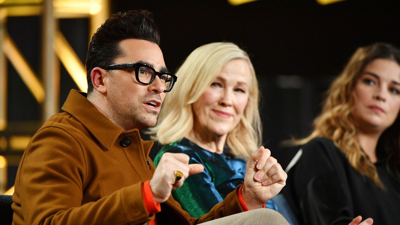 Schitt&#039;s Creek, Daniel Levy, Catherine O&#039;Hara and Annie Murphy of &quot;Schitt&#039;s Creek&quot; speak during the Pop TV segment of the 2020 Winter TCA Press Tour at The Langham Huntington, Pasadena on January 13, 2020