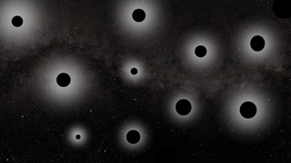 A dark scene of space has illustrations of a bunch of black circles with hazy white rings around each one.