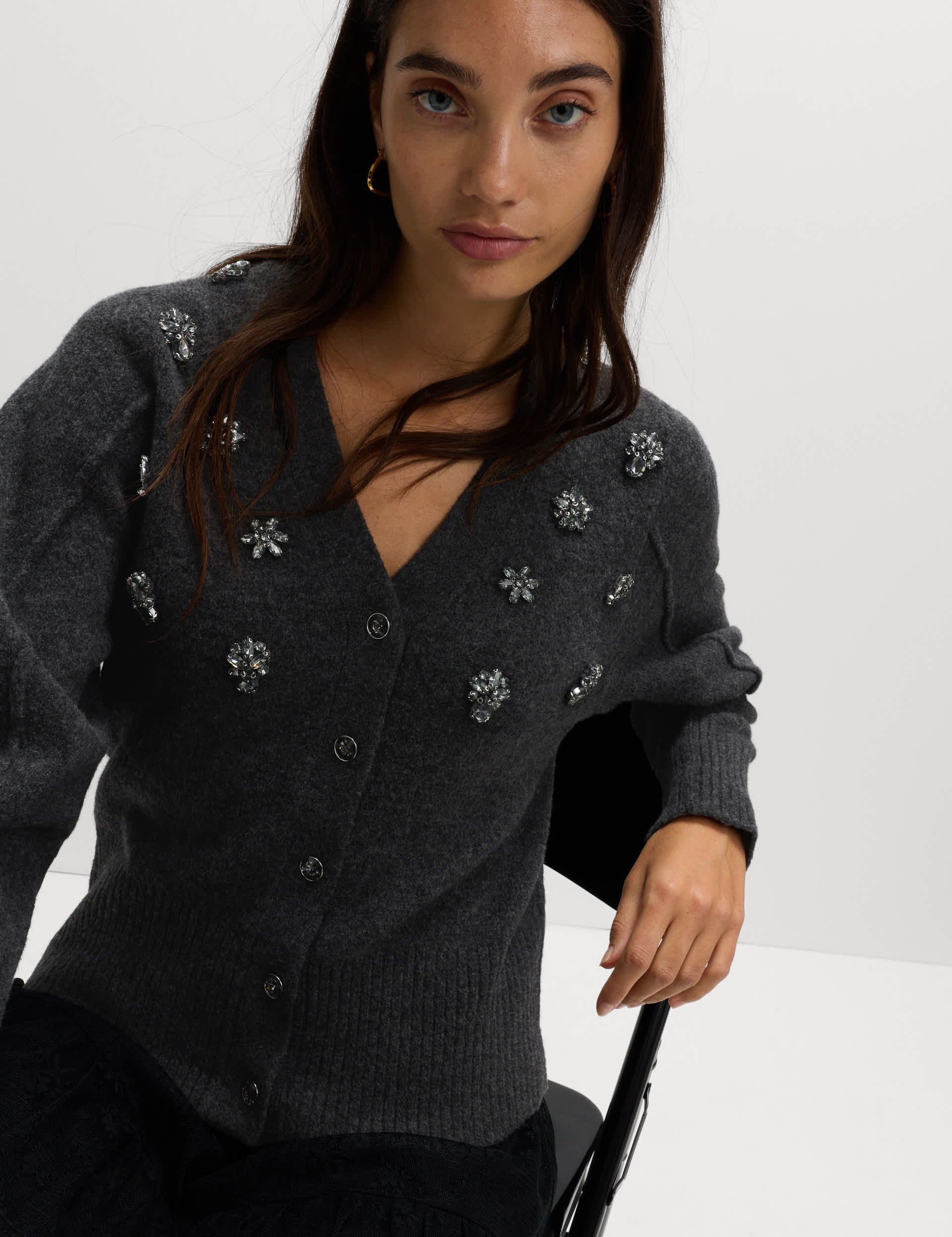 Embellished V-Neck Cardigan With Wool