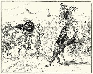 Spanish conquistadors fighting Aztec warriors.