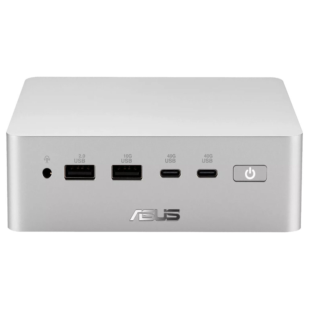 Closeup of an ASUS Ascent QN10 mini PC showing two USB ports, two USB-C ports, a power button, and a headphone jack.