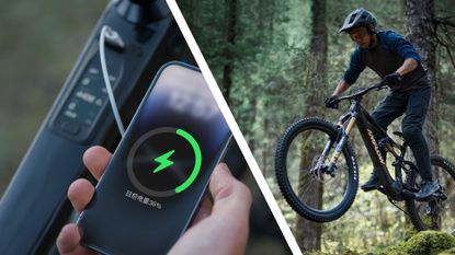 A phone being charged by the DJI Avinox system and a ma riding an Amflow mountain bike in a forest